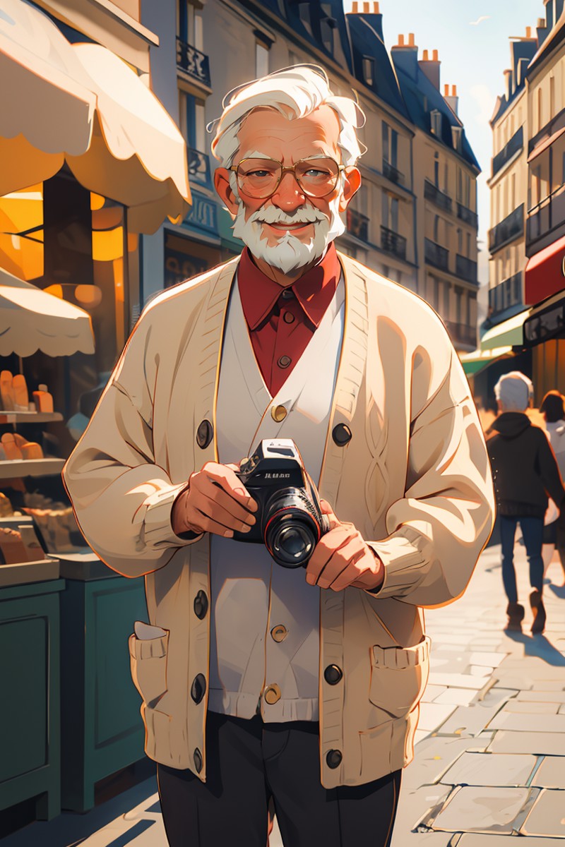 (masterpiece, best quality), old man, beard, blonde, oversized shirt, happy, street, holding camera, open cardigan, blurry...